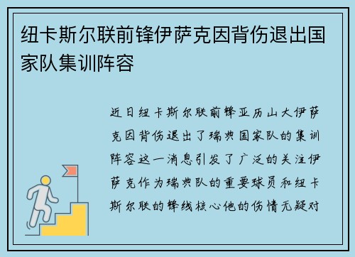 纽卡斯尔联前锋伊萨克因背伤退出国家队集训阵容