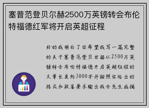 塞普范登贝尔赫2500万英镑转会布伦特福德红军将开启英超征程 塞普范登贝尔赫2500万英镑转会布伦特福德红军将开启英超征程